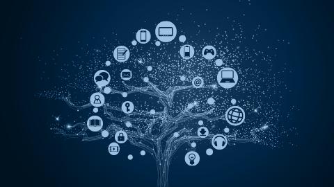 Image of tree with various tech icons in the branches